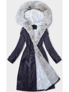 Tmavo modro-béžová dámska zimná bunda parka s kožušinou (B557-3046)