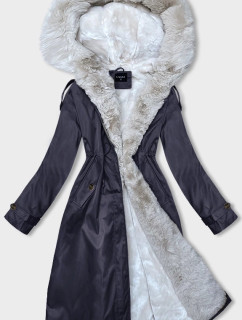 Tmavo modro-béžová dámska zimná bunda parka s kožušinou (B557-3046)