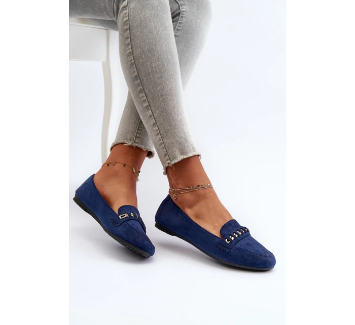 Błyszczące Mokasyny Damskie Z Łańcuchem Granatowe Aredilla