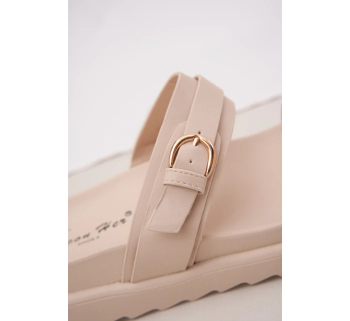Klapki Damskie Na Platformie Ze Złotymi Klamrami Beżowe Wernone