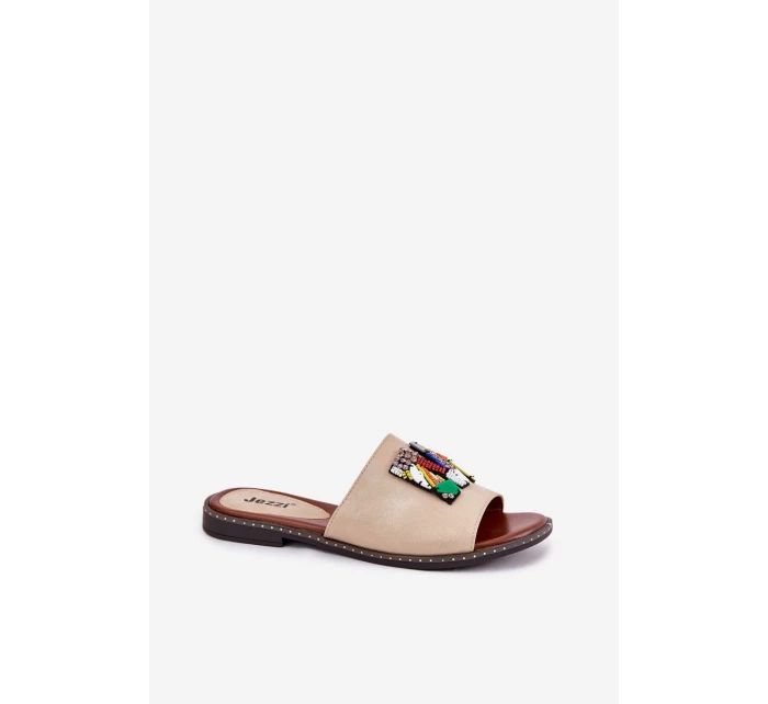 Klapki Damskie Na Płaskim Obcasie Z Ozdobą Złote Clelione Klapki Damskie Na Płaskim Obcasie Z Ozdobą Złote Clelione