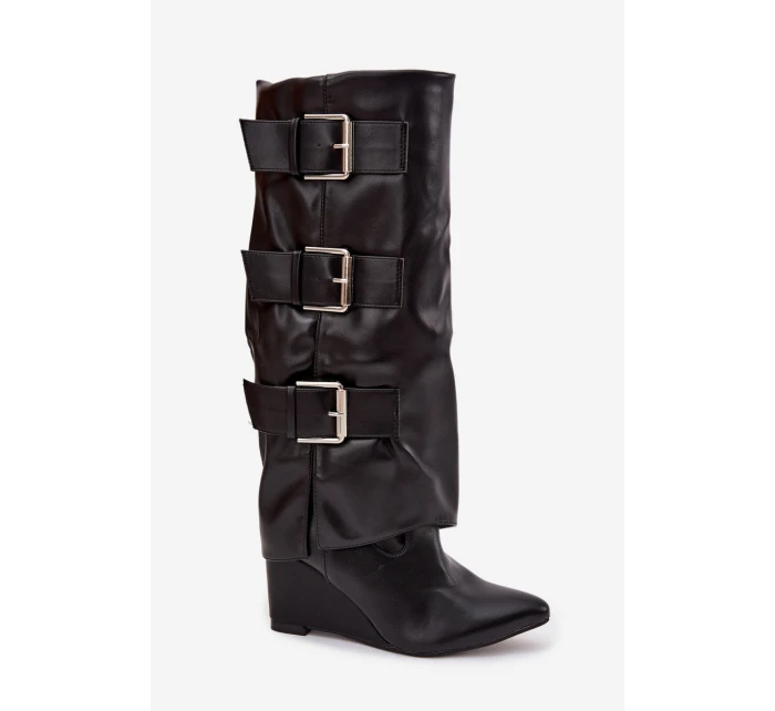 Dámské kozačky na platformě s ohnutým horním lemem a stříbrnými přezkami Černé Sarisse