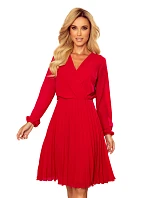 313-5 ISABELLE Plisované šaty s výstřihem a dlouhými rukávy - ČERVENÉ