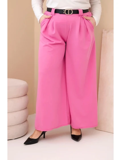 Plus veľkosť dámske široké nohavice z viskózy s opaskom ružová