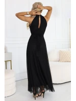 Elegantní maxi večerní šaty na ramínka s a zavazováním v pase černé model 21961746 - numoco basic