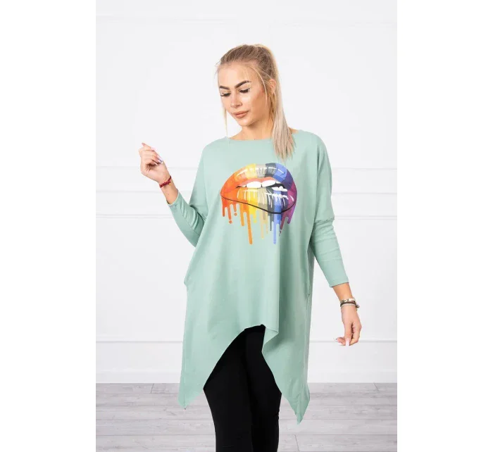 Oversize halenka s potiskem model 18745336 rtů tmavě mátová - K-Fashion Oversize halenka s potiskem model 18745336 rtů tmavě mátová - K-Fashion