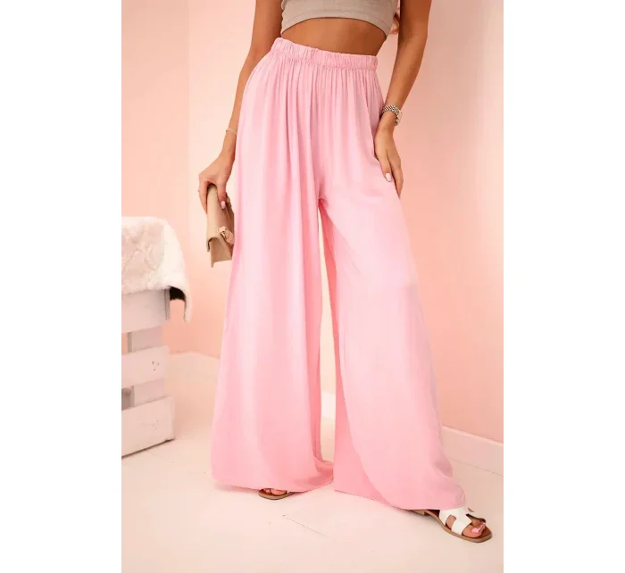 široké dámske nohavice z viskózy s elastickým pásom svetloružové