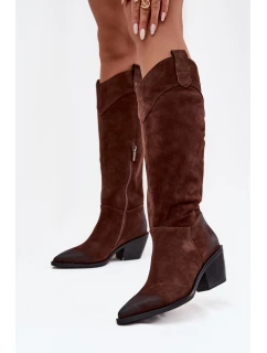 Kozaki Kowbojki Damskie Na Obcasie Z Naturalnego Zamszu Artiker 57C0230 Brązowe