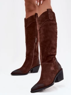 Kozačky Dámské Na Podpatku Z Semiše  Hnědé model 21714193 - Artiker