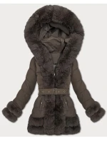 Elegantní hnědá bunda pro přechodné období s kožešinou model 21422887 - S'WEST