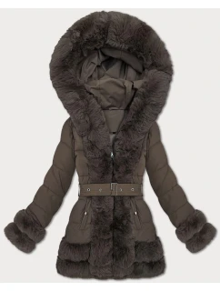 Elegantní hnědá bunda pro přechodné období s kožešinou model 21422887 - S'WEST