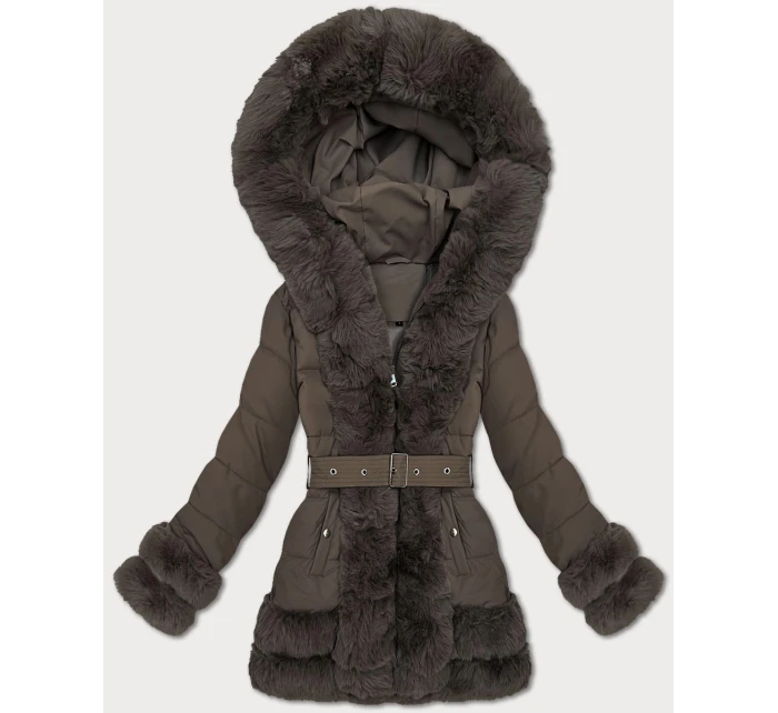 Elegantní hnědá bunda pro přechodné období s kožešinou model 21422887 - S'WEST