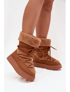 Śniegowce Damskie Z Futerkiem I Wiązaniem Na Platformie Camel Marinna