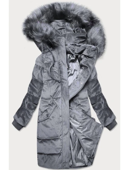 Šedá dámská manšestrová zimní bunda s kapucí model 21773185 - Libland