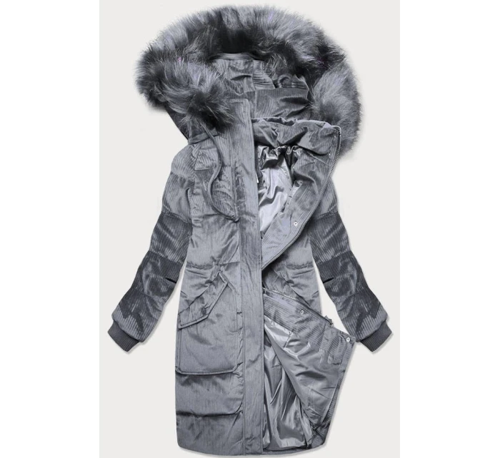 Šedá dámská manšestrová zimní bunda s kapucí model 21773185 - Libland
