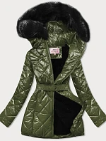 Lesklá khaki zimná bunda s medvedíkom (w756)