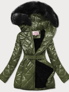 Lesklá zimná bunda v khaki farbe s machovitým kožúškom (W756)