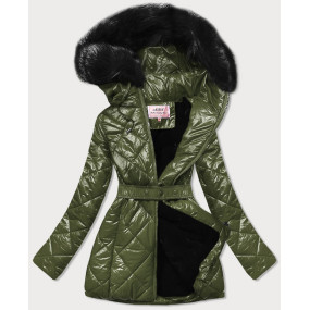 Lesklá zimná bunda v khaki farbe s machovitým kožúškom (W756)