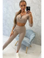 Pruhovaný komplet krátky top tmavo béžový