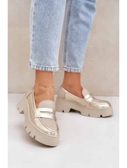 Skórzane Mokasyny Damskie Na Platformie I Płaskim Obcasie Zazoo 20191 Złote