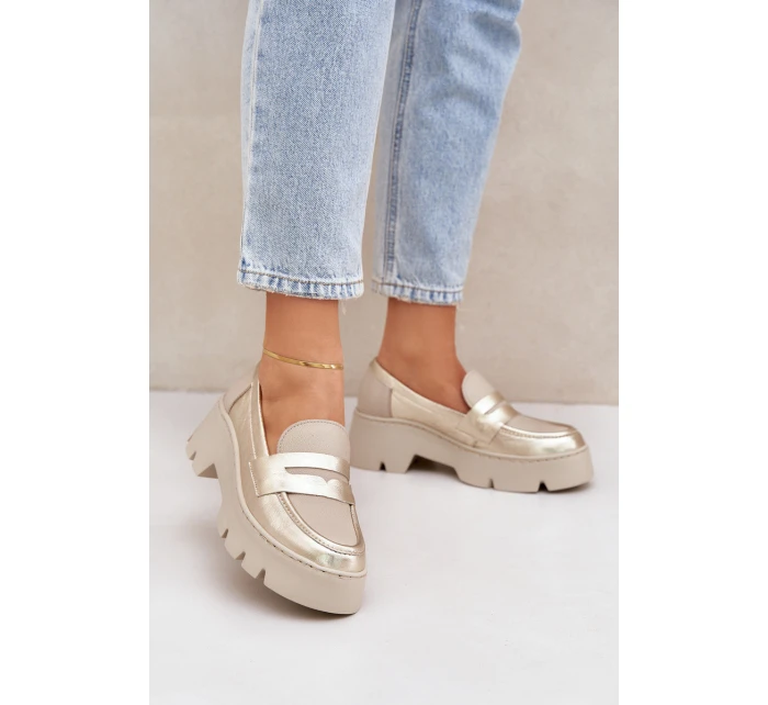 Skórzane Mokasyny Damskie Na Platformie I Płaskim Obcasie Zazoo 20191 Złote