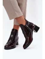 Skórzane Lakierowane Botki Na Klocku Z Ozdobnym Detalem Ocieplane Zazoo 60560 Bordowe