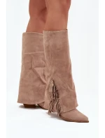 Dámske kovbojské čižmy Zalia s strapcami na podpätku - béžové Dámske kovbojské čižmy Zalia s strapcami na podpätku - béžové