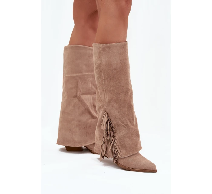 Dámske kovbojské čižmy Zalia s strapcami na podpätku - béžové Dámske kovbojské čižmy Zalia s strapcami na podpätku - béžové