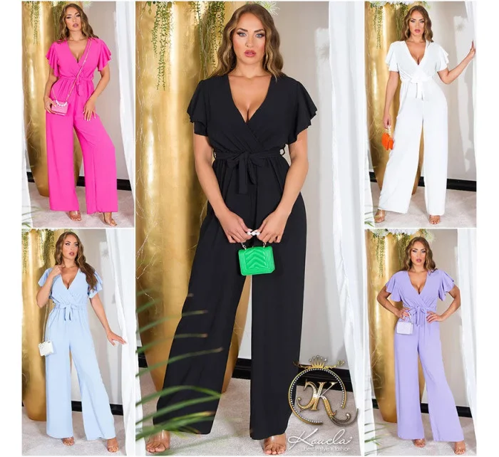 Dámsky overal so širokými nohavicami a opaskom na zaväzovanie 0000OV07814 White - Koucla