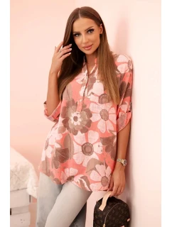 Dámske bavlnené tričko s 3/4 rukávmi s gombíkom a vreckom malinová