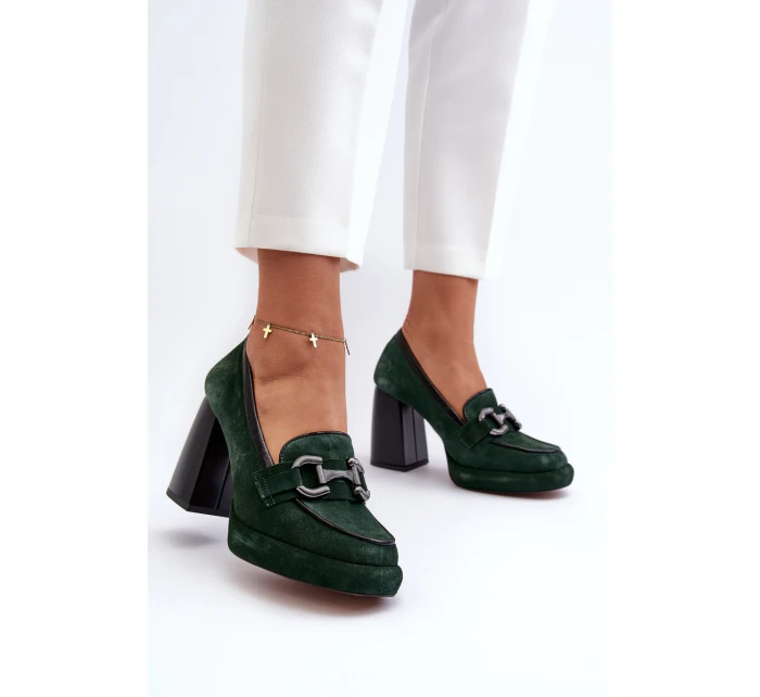 Skórzane Czółenka Na Masywnym Słupku Laura Messi 2706 Ciemnozielone