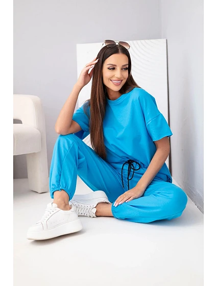 Dámska bavlnená blúzka s krátkym rukávom a teplákové nohavice tyrkysová