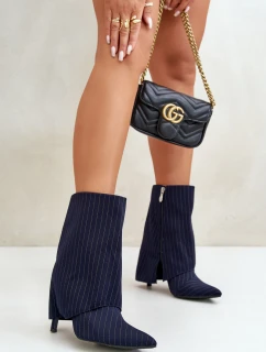 Botki Damskie W Paski Na Szpilce Z Wywiniętą Cholewką I Noskami W Szpic Granatowe Naritua