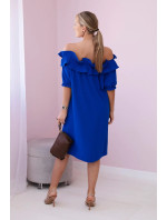 Španielske šaty s ozdobným volánom v chrpovo modrej farbe