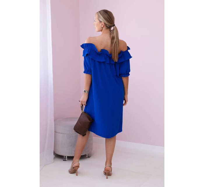 Španielske šaty s ozdobným volánom v chrpovo modrej farbe