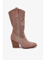Dámske perforované čižmy v kovbojskom štýle so stĺpcovým podpätkom S.Barski - béžové, ekokoža Dámske perforované čižmy v kovbojskom štýle so stĺpcovým podpätkom S.Barski - béžové, ekokoža
