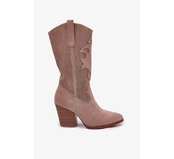 Dámske perforované čižmy v kovbojskom štýle so stĺpcovým podpätkom S.Barski - béžové, ekokoža Dámske perforované čižmy v kovbojskom štýle so stĺpcovým podpätkom S.Barski - béžové, ekokoža