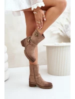 Botki Damskie Na Niskim Obcasie Z Klamrami Ciemnobeżowe Zudra