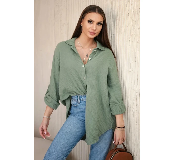 Bavlnená mušelínová košeľa oversize khaki