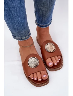 Eko Skórzane Klapki Na Płaskim Obcasie Z Ozdoba Camel Tatereia