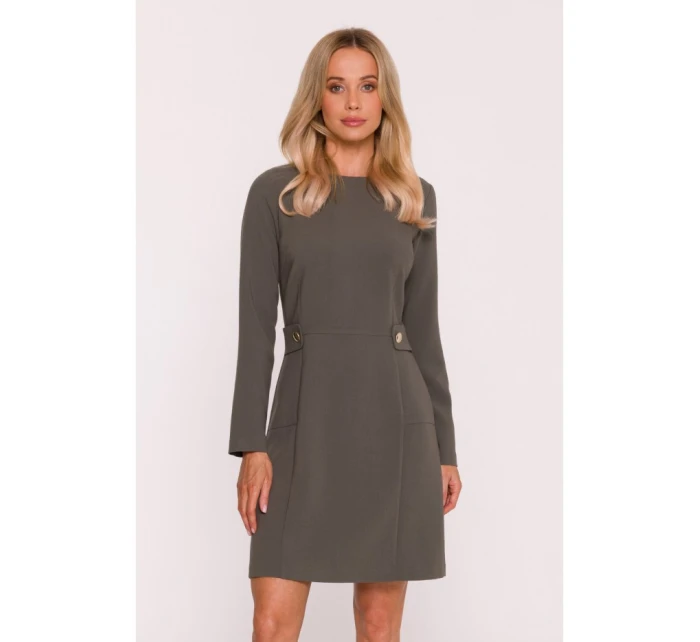 S419 Šaty s ozdobnými gombíkmi v páse - khaki