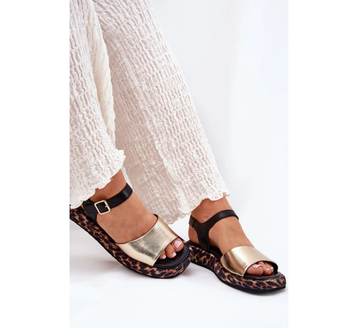 Sandały Skórzane Damskie Na Platformie Z Panterką S.Barski JC51-347 Złote