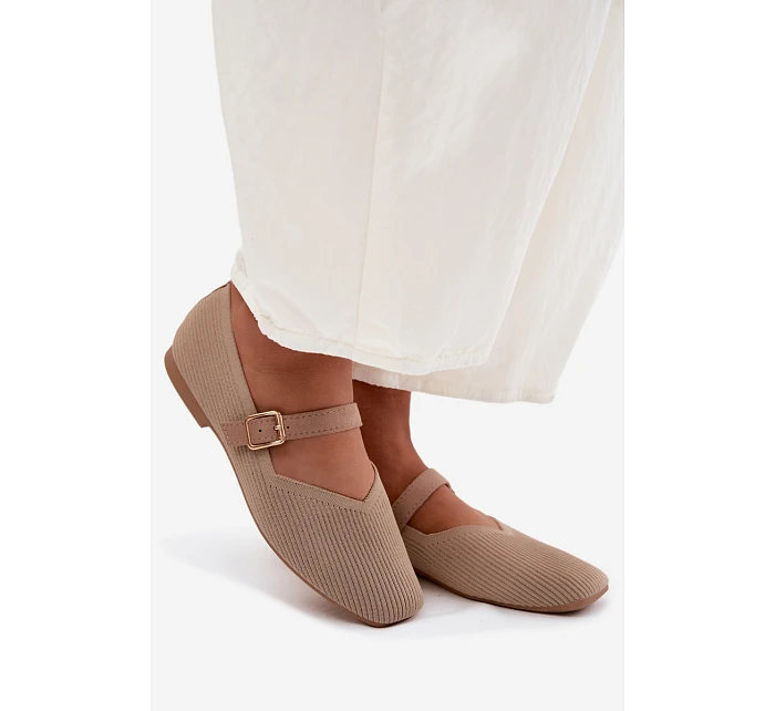 Baletky z pruhovaného materiálu s páskem a sponou tmavě béžové Calvra