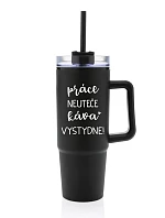 PRÁCE NEUTEČE, KÁVA VYSTYDNE! - černý cestovní termohrnek s průhledným víčkem 900 ml