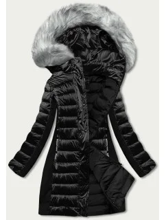 Dámska čierna zimná bunda z rôznych lepených materiálov (dk067-1)