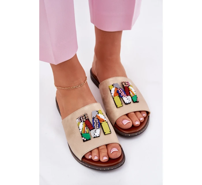 Klapki Damskie Na Płaskim Obcasie Z Ozdobą Złote Clelione Klapki Damskie Na Płaskim Obcasie Z Ozdobą Złote Clelione