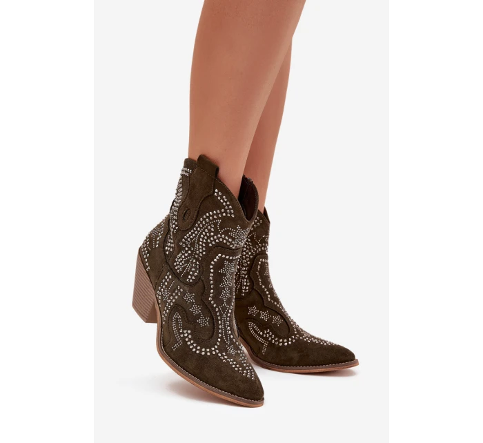 Ocieplane Damskie Botki Kowbojki Ze Zdobieniem Ciemnozielone Lelira Ocieplane Damskie Botki Kowbojki Ze Zdobieniem Ciemnozielone Lelira