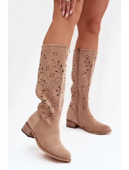 Dámske perforované čižmy na podpätku Helinna - khaki