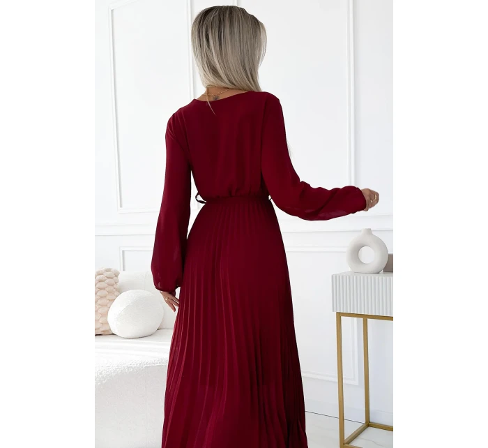 537-1 Plisované šifónové šaty s výstrihom, dlhými rukávmi a viazaným opaskom - Bordeaux 537-1 Plisované šifónové šaty s výstrihom, dlhými rukávmi a viazaným opaskom - Bordeaux