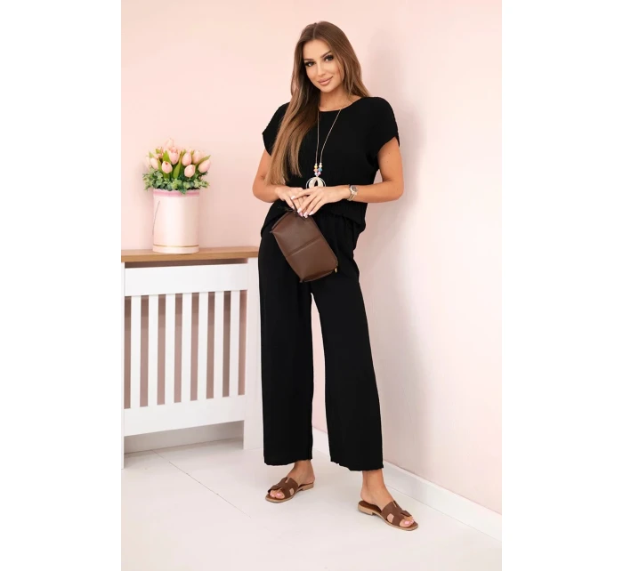 Viskózový komplet plisovaná halenka + kalhoty černý